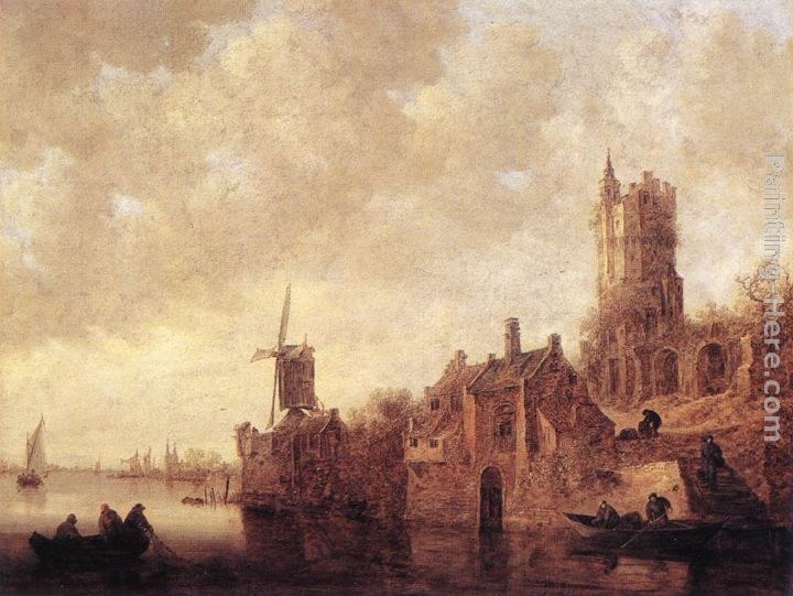 Jan van Goyen River Landscape with a Windmill and a Ruined Castle